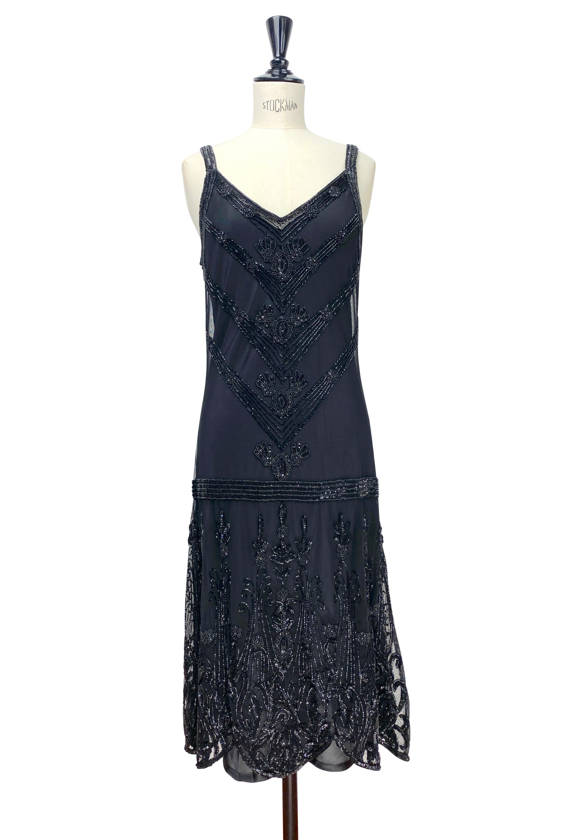 Sleeveless beaded slip dress with V-neck, art-deco pattern and scalloped fringe hem