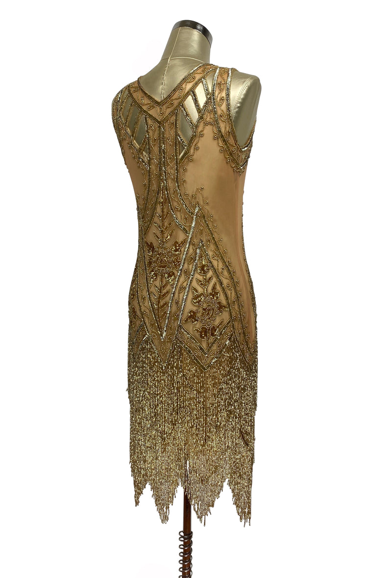 1920's Vintage Flapper Beaded Fringe Gatsby Gown - The Icon - Gold Glitz