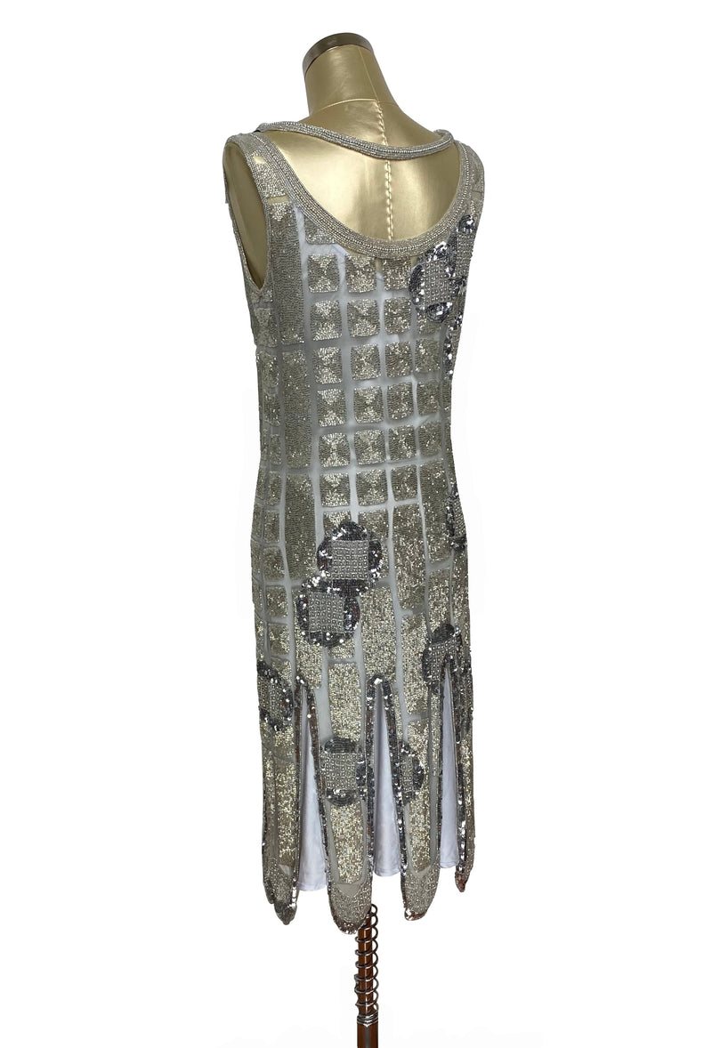 1920's Vintage Flapper Beaded Fringe Shoulder Drape Gatsby Gown - The Futurist - Silver