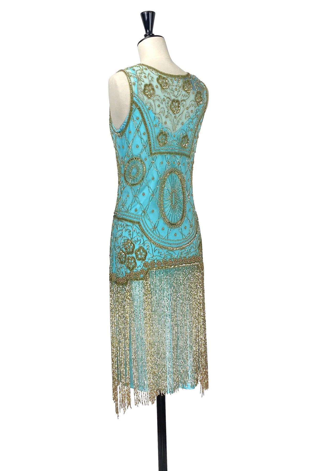 1920s Gatsby Flapper Beaded Fringe Party Dress - The Lulu - Gold on Turquoise The Deco Haus