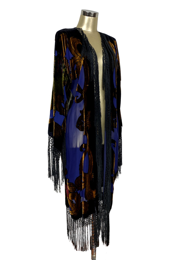 1930's Art Deco Kimono Scarf Long Jacket - Mucha Harem - Cobalt Blue Silk Velvet