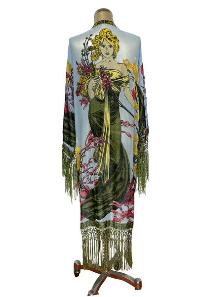 1930's Art Deco Kimono Scarf Long Jacket - Mucha Helena - Sky Blue Silk  Velvet