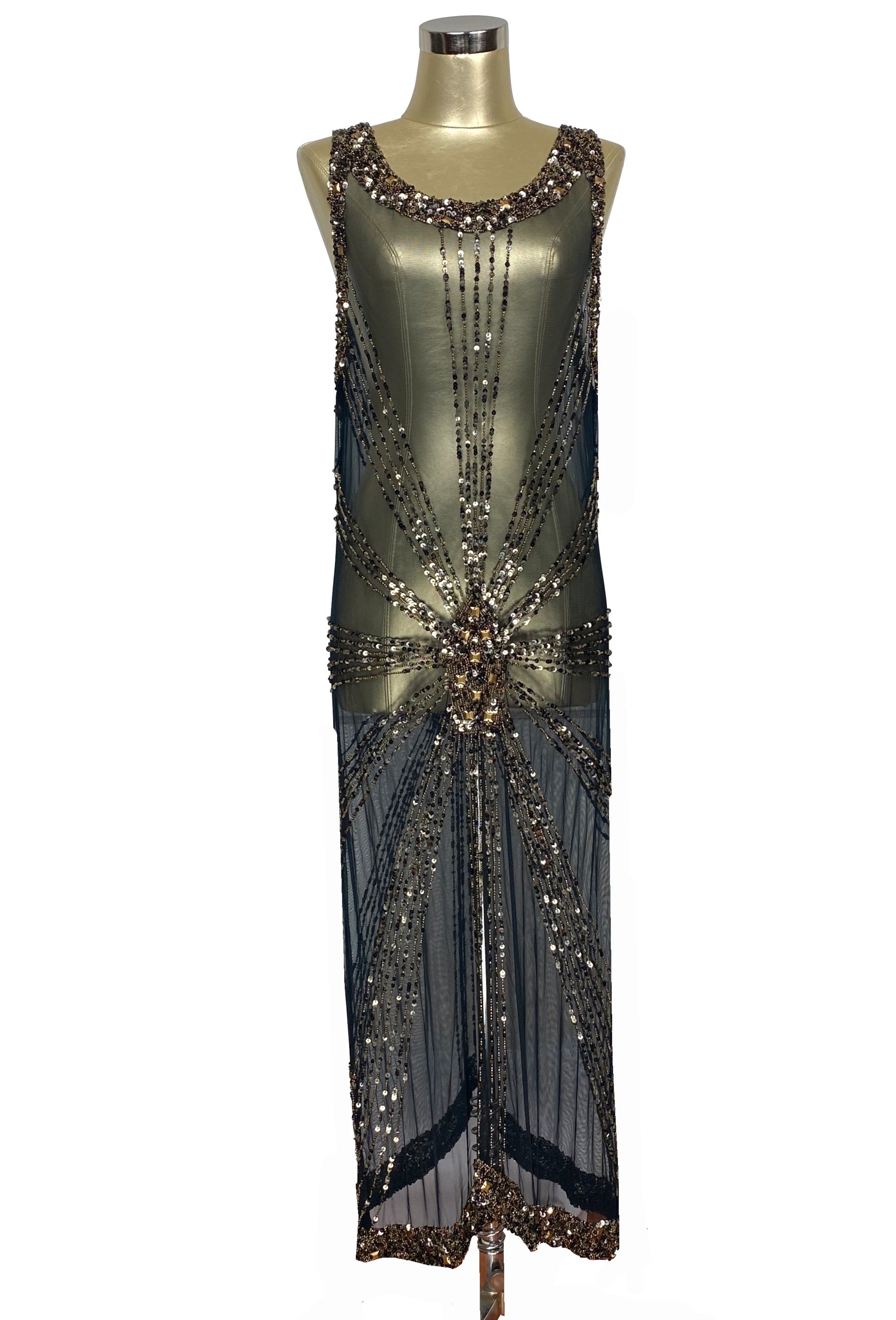 1930's Art Deco Panel Liquid Full-Length Overlay Gown - The Sunray - Black Bronze L/XL 1930's Art Deco Panel Liquid Full-Length Overlay Gown - The Sunray - Black Bronze L/XL
