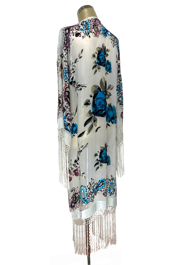 1930's Art Deco Silk Velvet Kimono Scarf Coat - White Turquoise