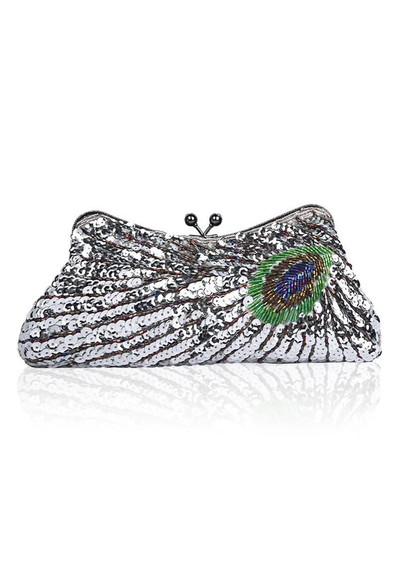 1930's Inspired Art Deco Beaded Beaded Peacock Evening Purse - Silver