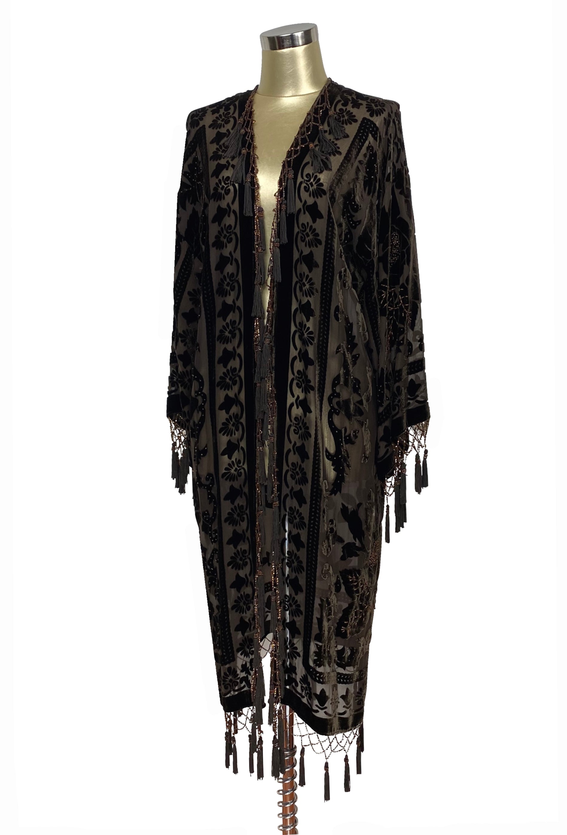 Vintage Silk Victorian Rose Evening Kimono - Espresso Brown