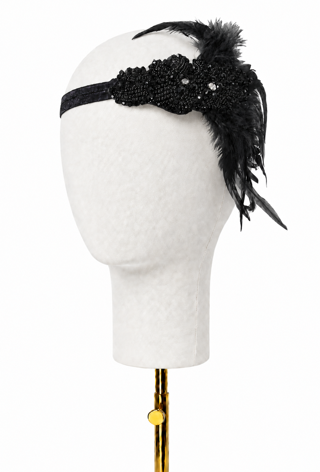 Black feather bandeau headband with beaded floral detail and layered feather trim