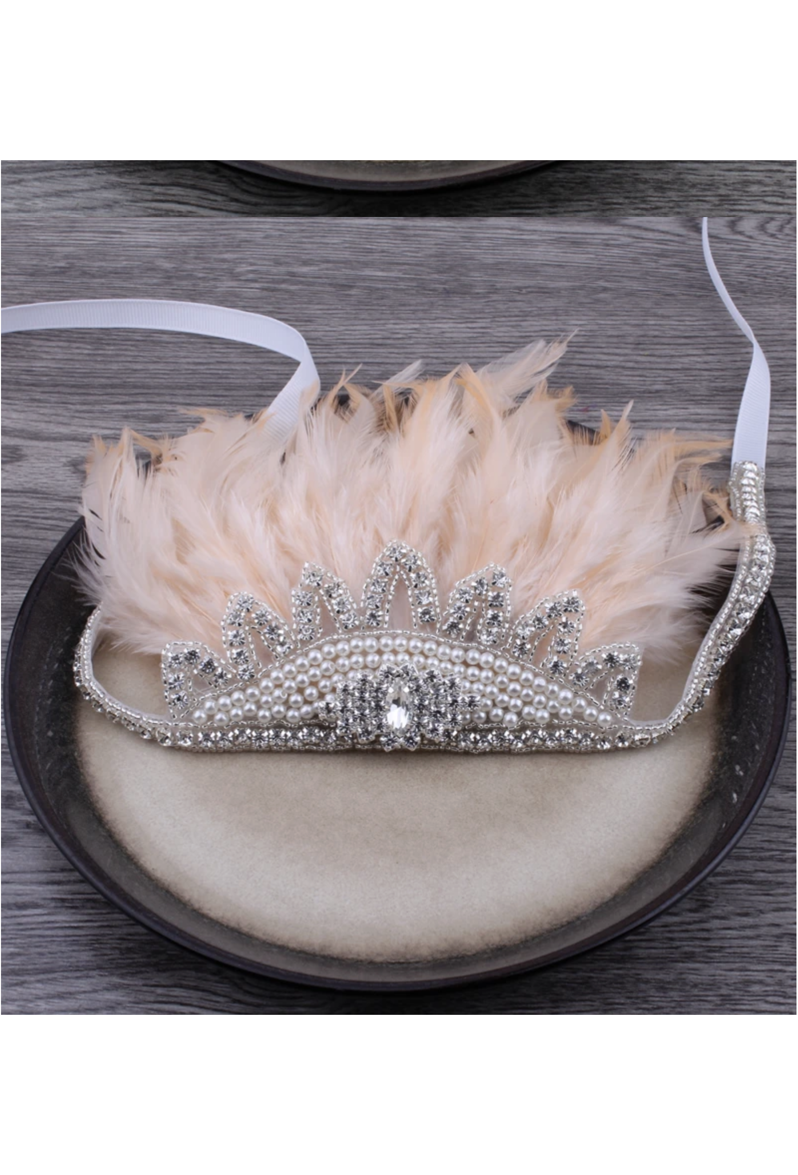 Crown Ostrich Art Deco Vintage Style Wedding Headband - Champagne Ivory The Deco Haus