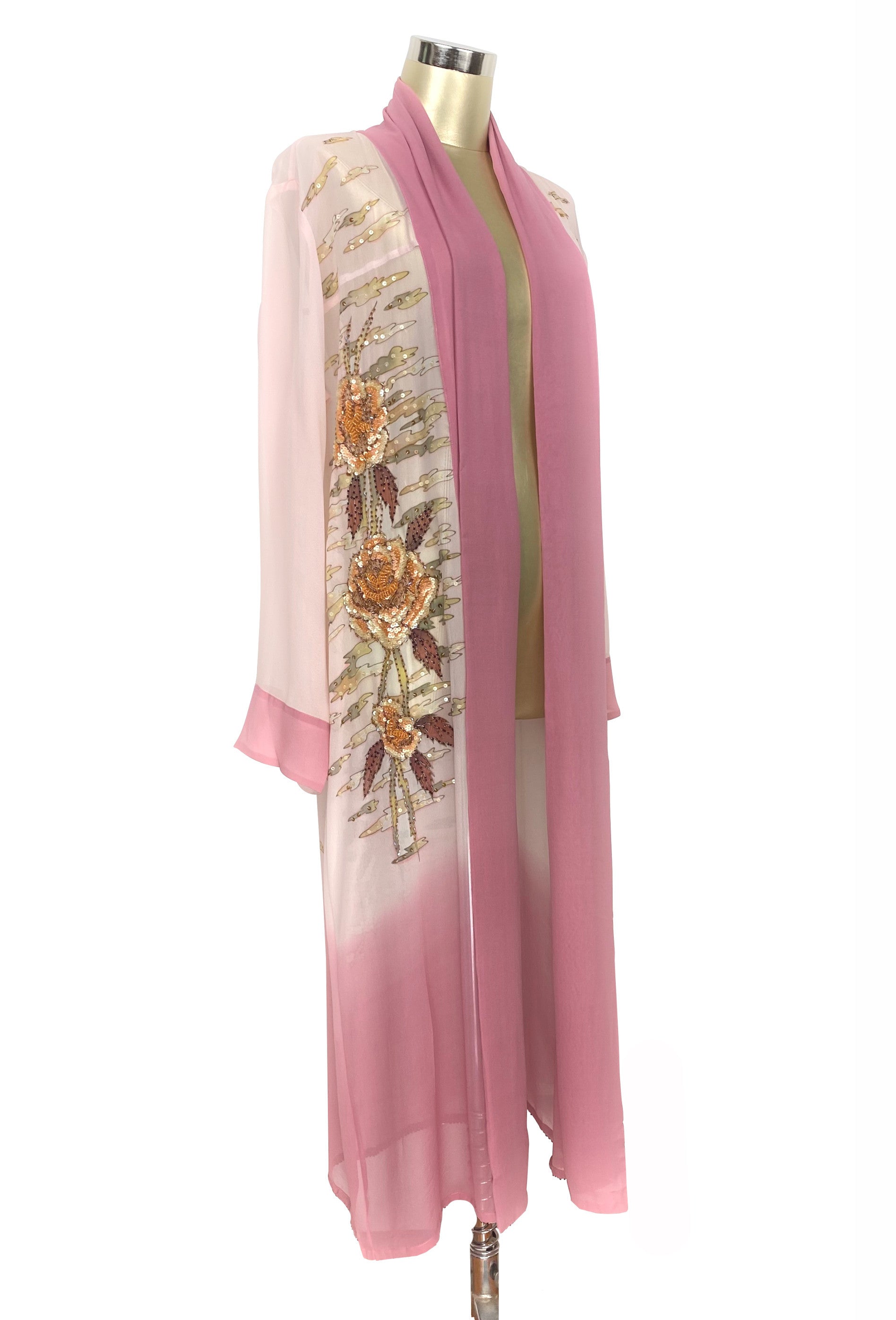 Ethereal Art Deco Silk Crepe Hand-Painted Beaded 1920s Lounging Robe - Rouge Pink - Limited Edition