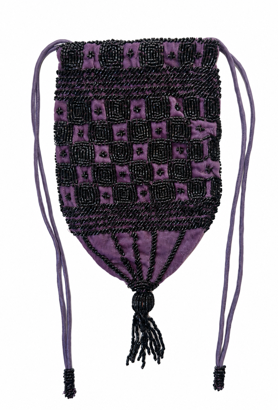 Velvet drawstring pouch, dark plum-black with purple check pattern and tassel cords