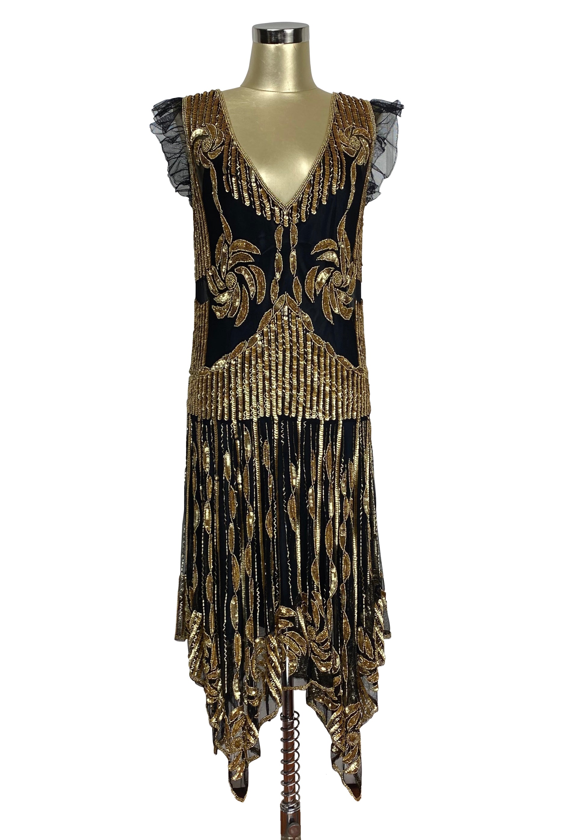The 1920s Hollywood Regency Handkerchief Vintage Gown - Black Gold The Deco Haus