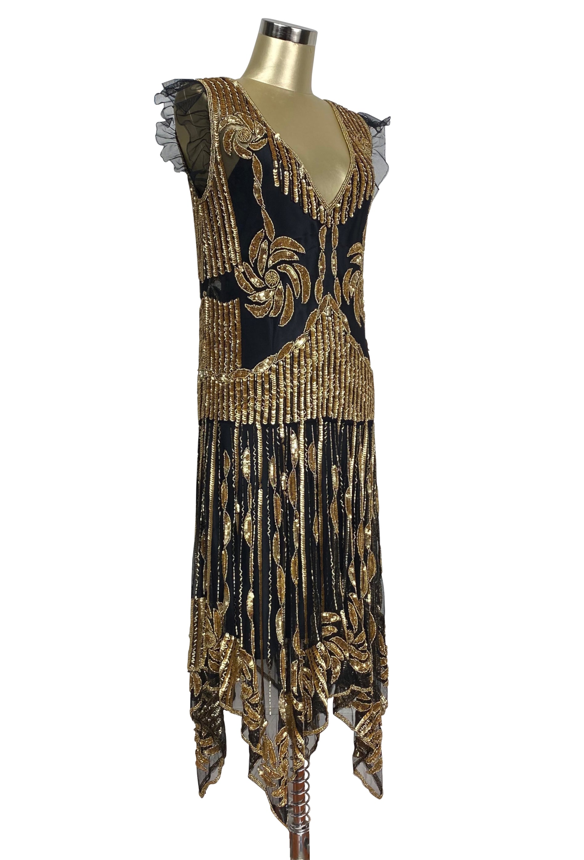 The 1920s Hollywood Regency Handkerchief Vintage Gown - Black Gold The Deco Haus