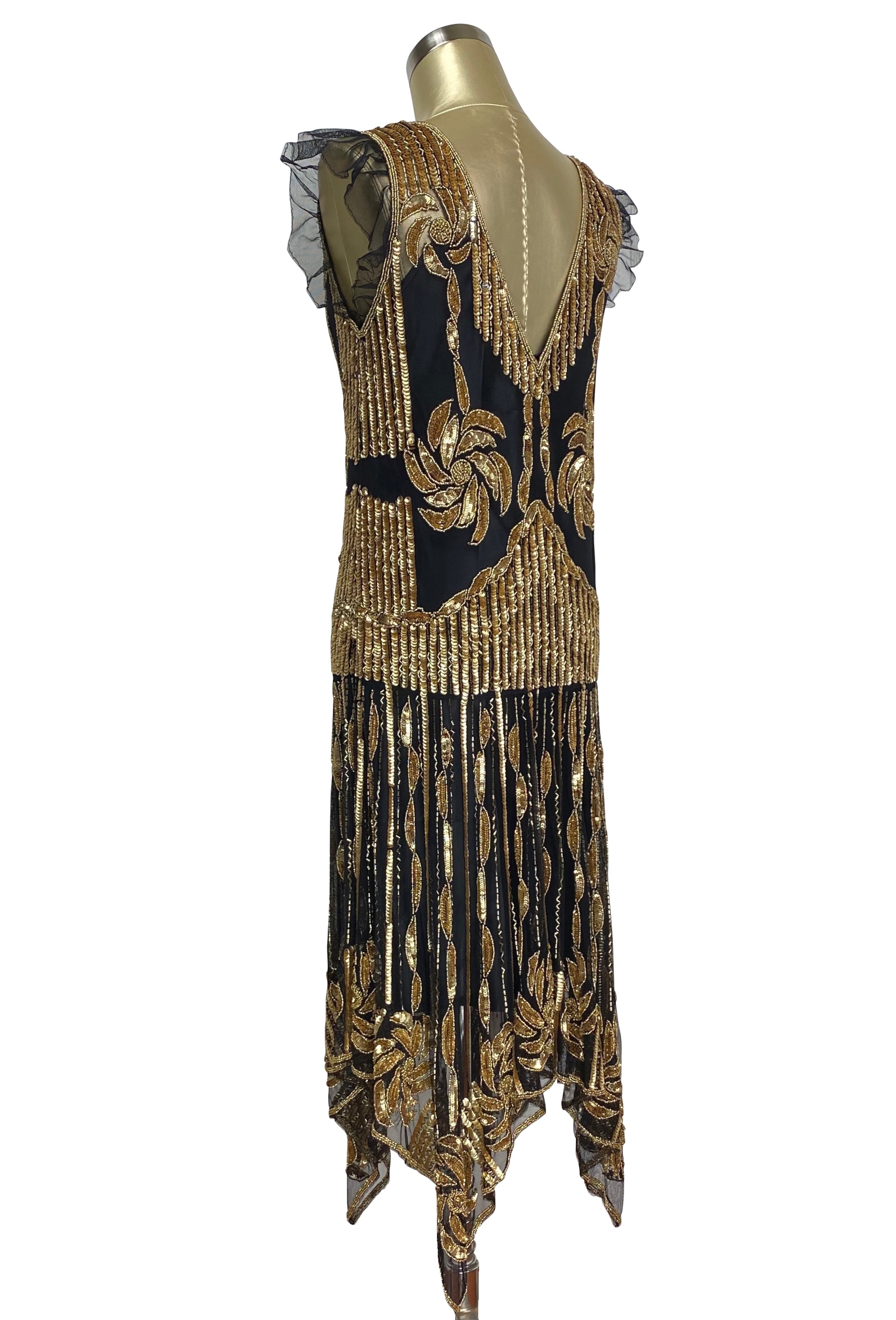 The 1920s Hollywood Regency Handkerchief Vintage Gown - Black Gold The Deco Haus
