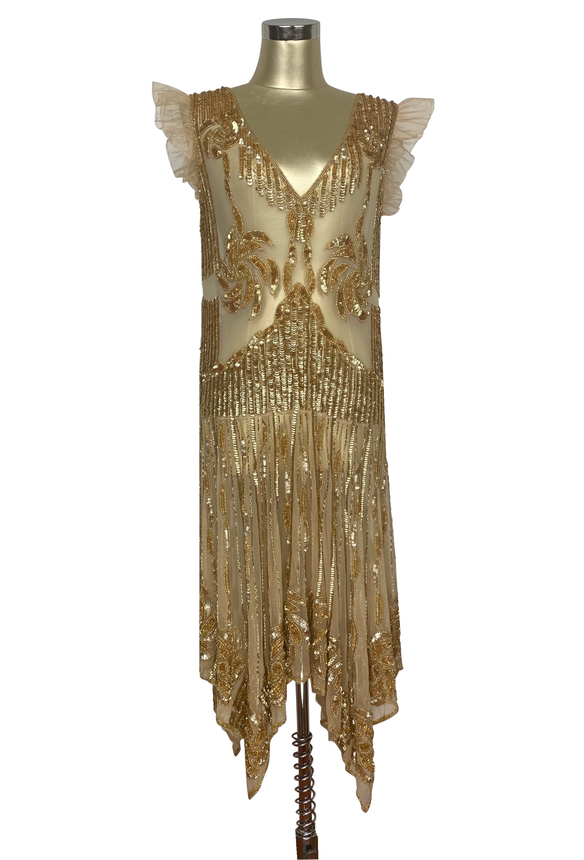 The 1920s Hollywood Regency Handkerchief Vintage Gown - Gold The Deco Haus