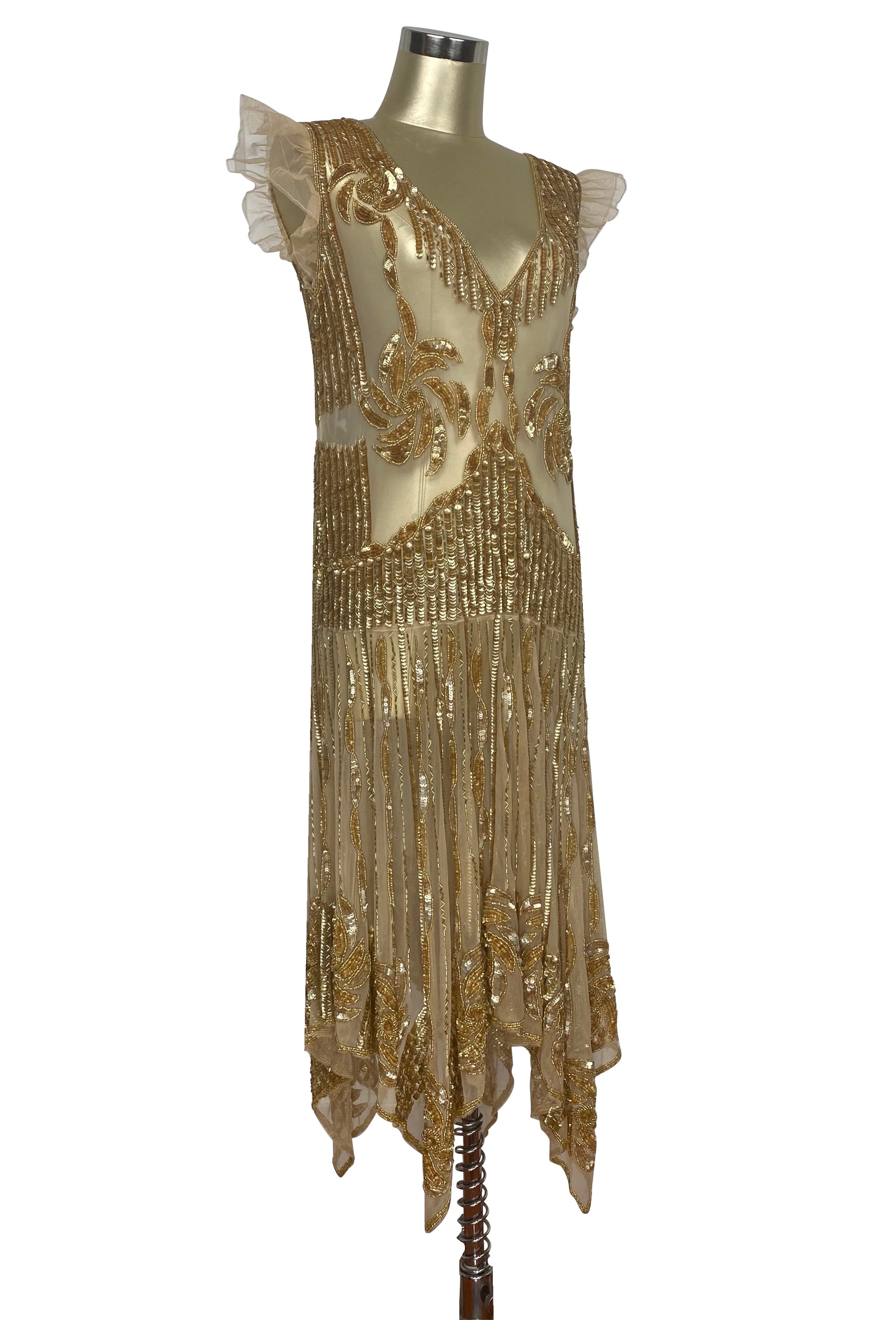 The 1920s Hollywood Regency Handkerchief Vintage Gown - Gold The Deco Haus