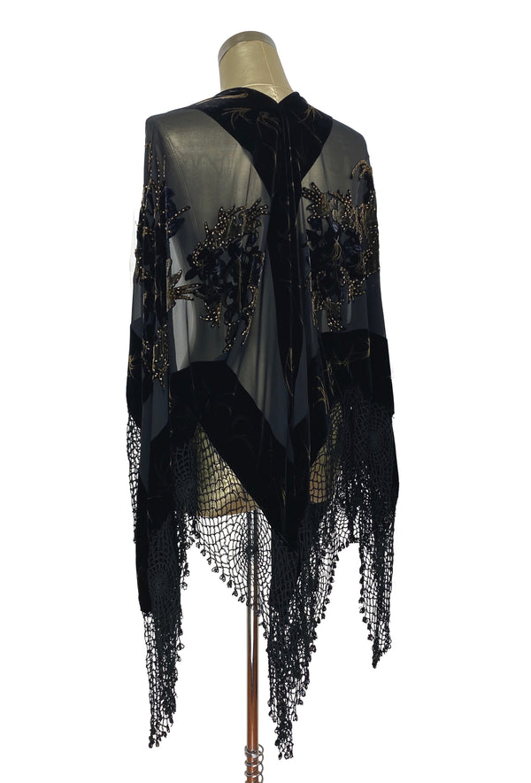 The Art Nouveau Handkerchief Silk Velvet Crochet Evening Wrap - Black