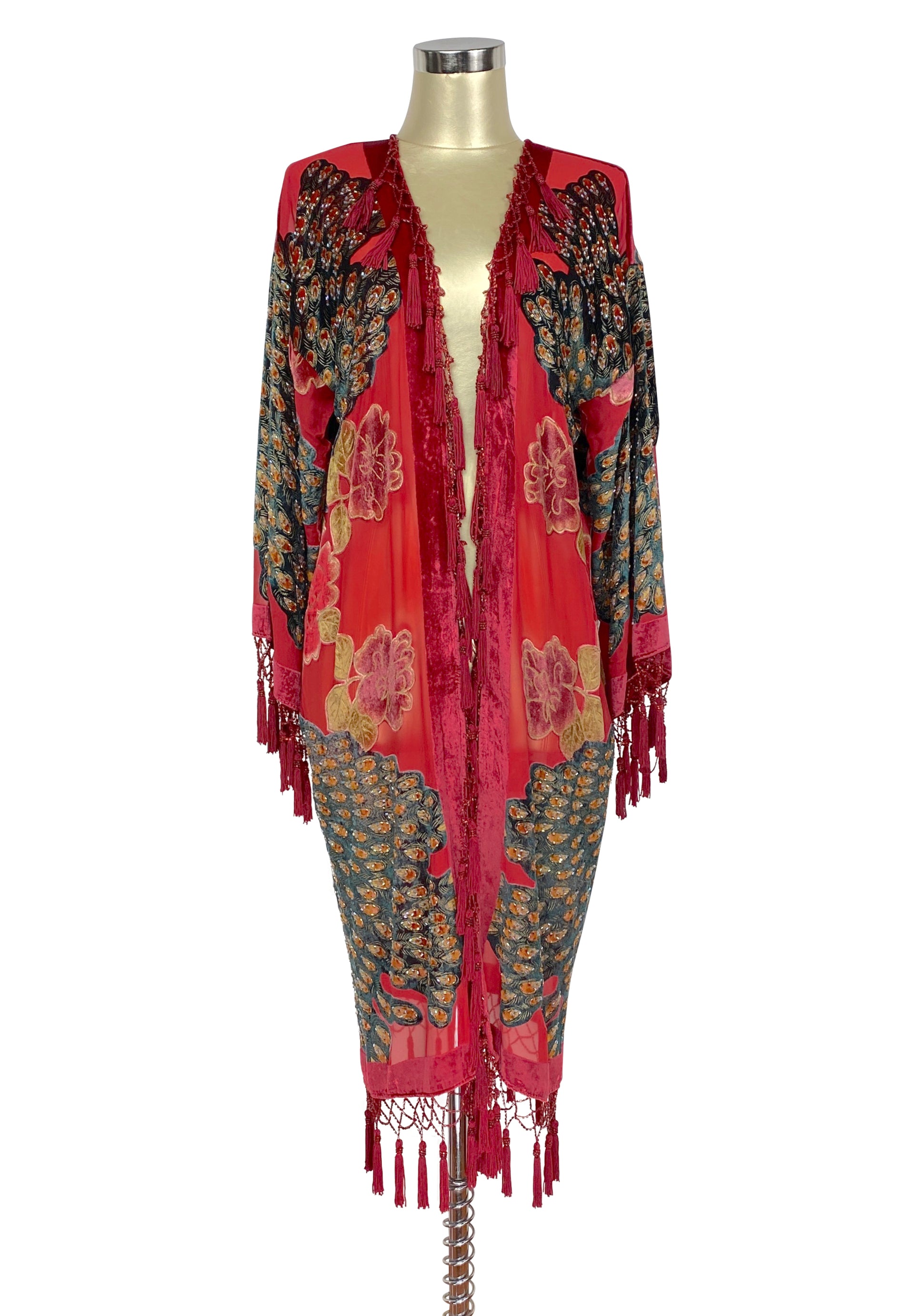 The Art Deco Peacock Burnout Velvet Beaded Evening Kimono Jacket - Scarlet Red