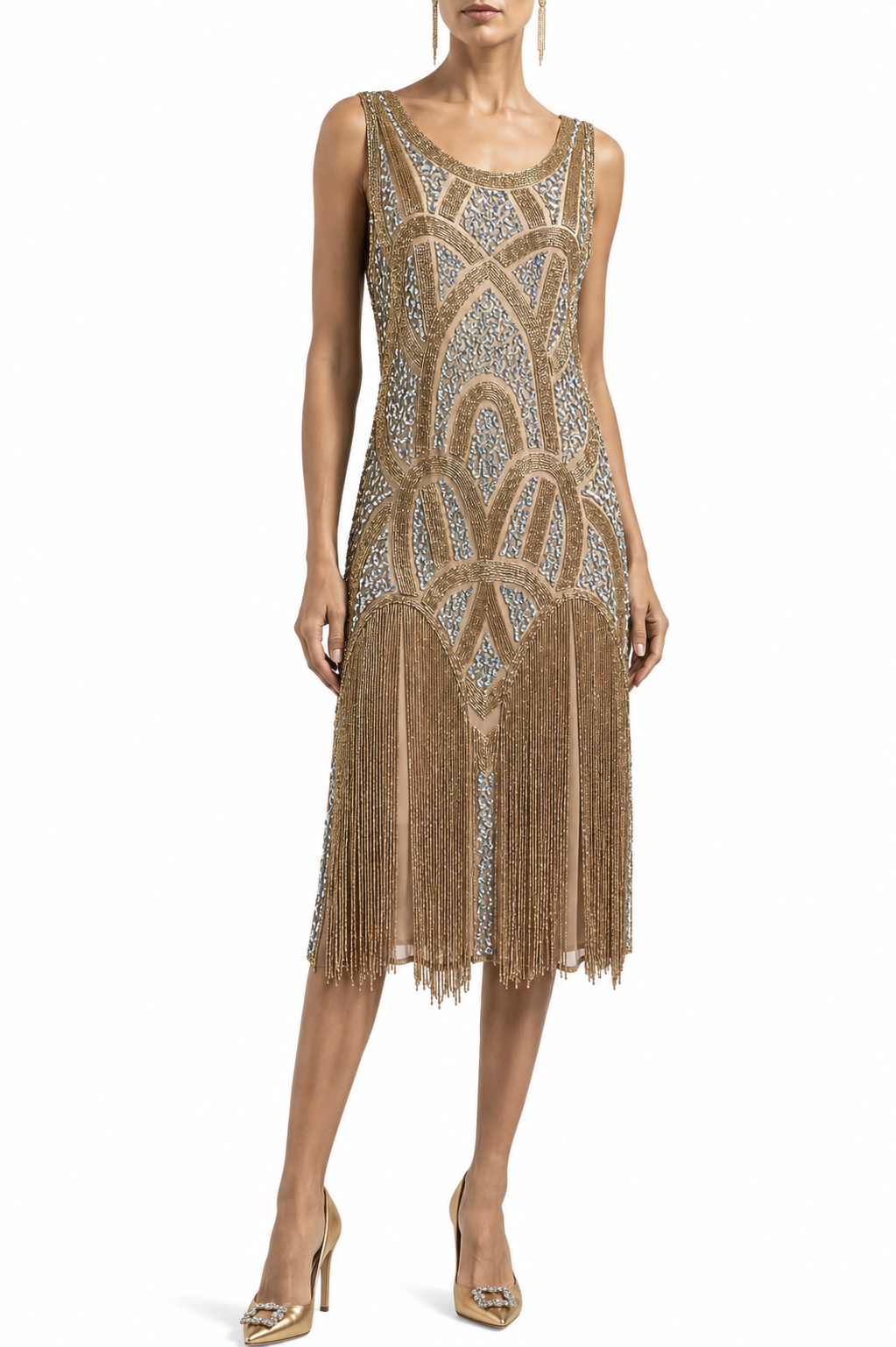 Sleeveless gold beaded midi gown with fringe hem; model wearing with heels