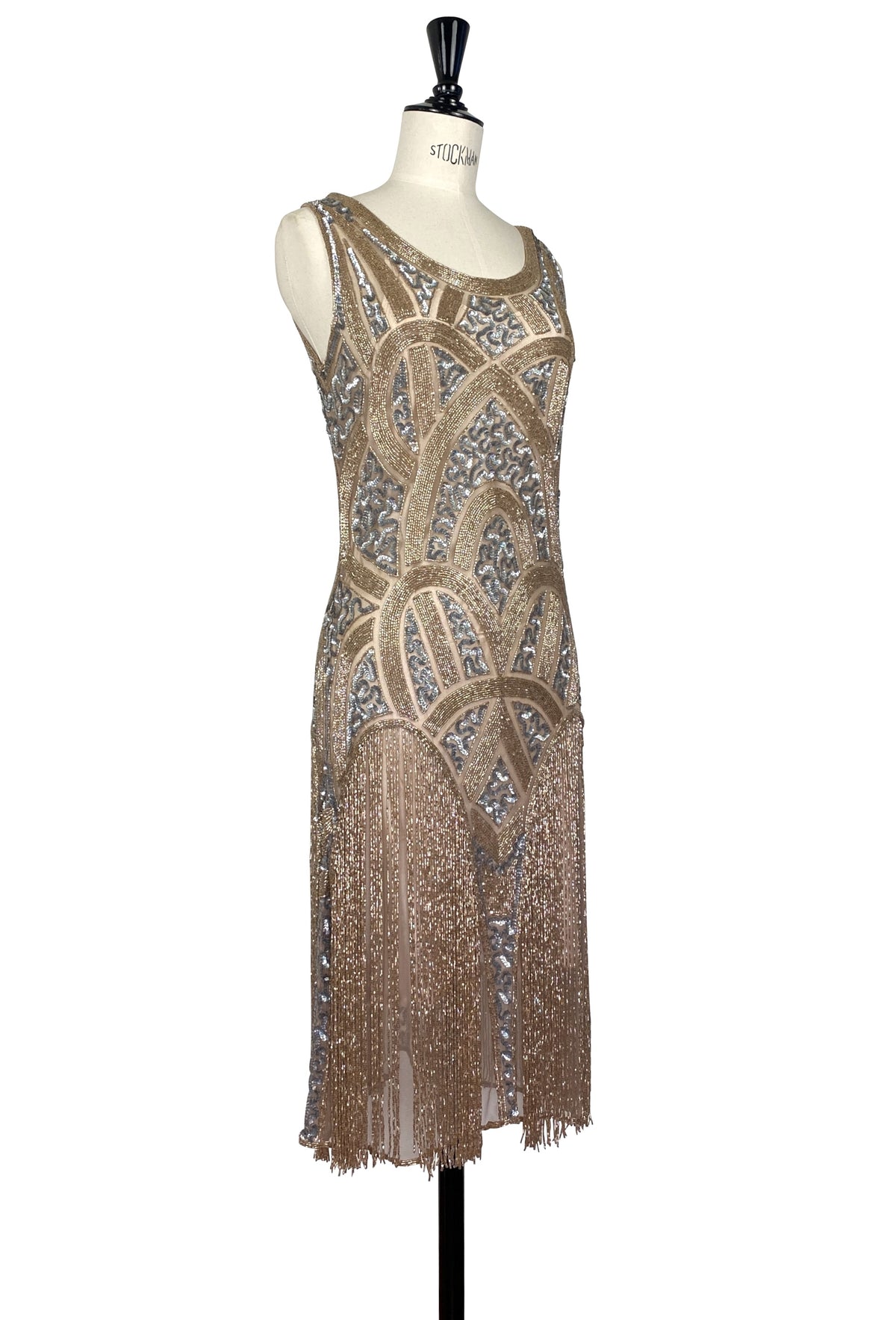 Beaded sleeveless gown with blue sequin patterns and straight fringe skirt