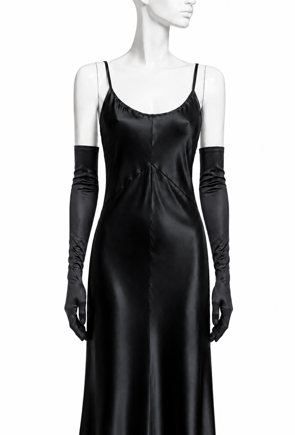 Long black satin opera gloves with ruched cuffs