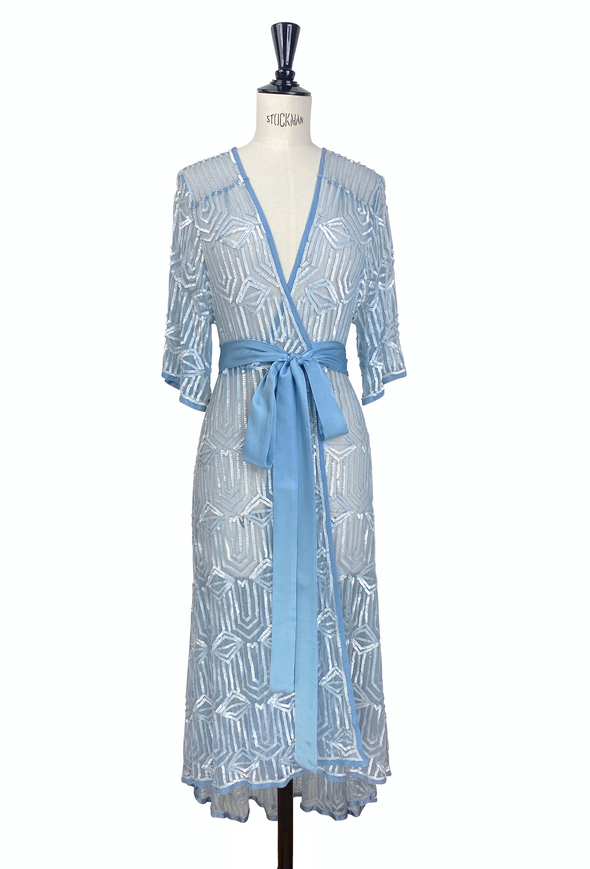 The Femme Fatale 1920s Glamour Vintage Wrap Dress - Bleu Pearl The Deco Haus
