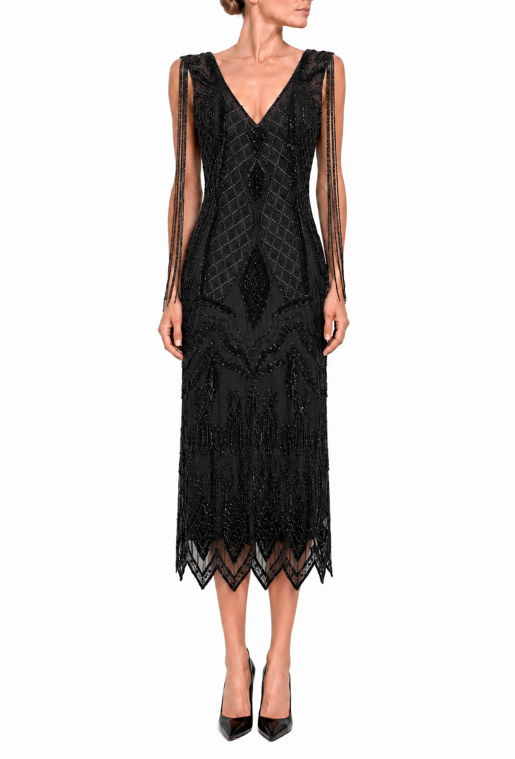 The Monaco Gown – Black Jet 1920s Beaded Fringe Gown – The Deco Haus