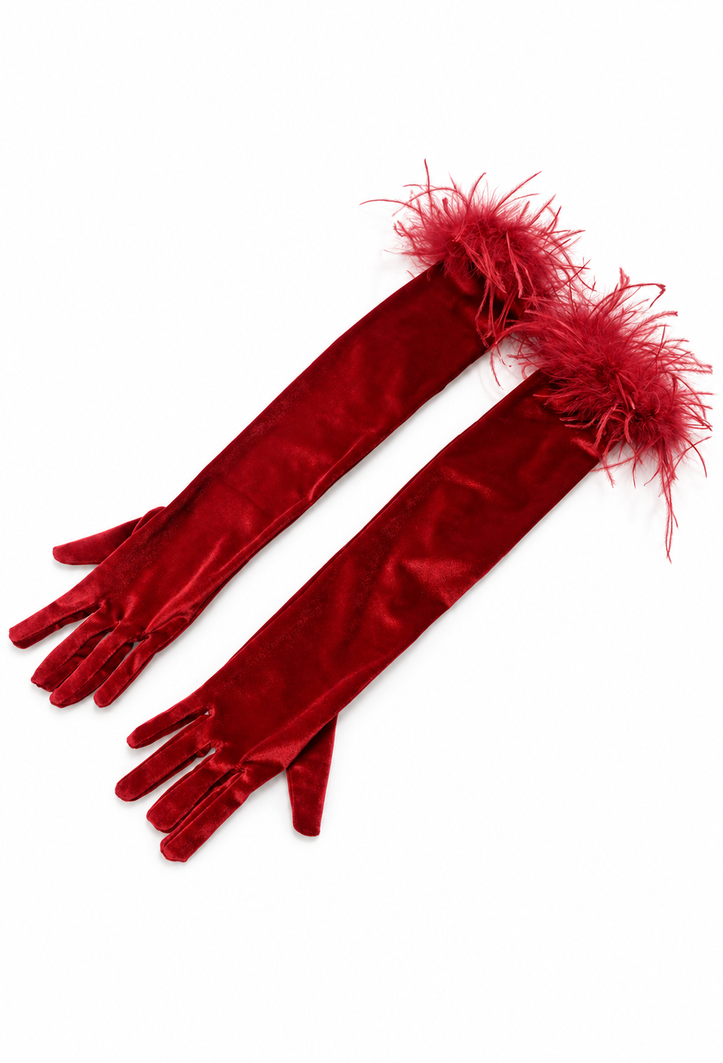 Pair of red velvet opera gloves with feather-trim cuffs and extended finger sections