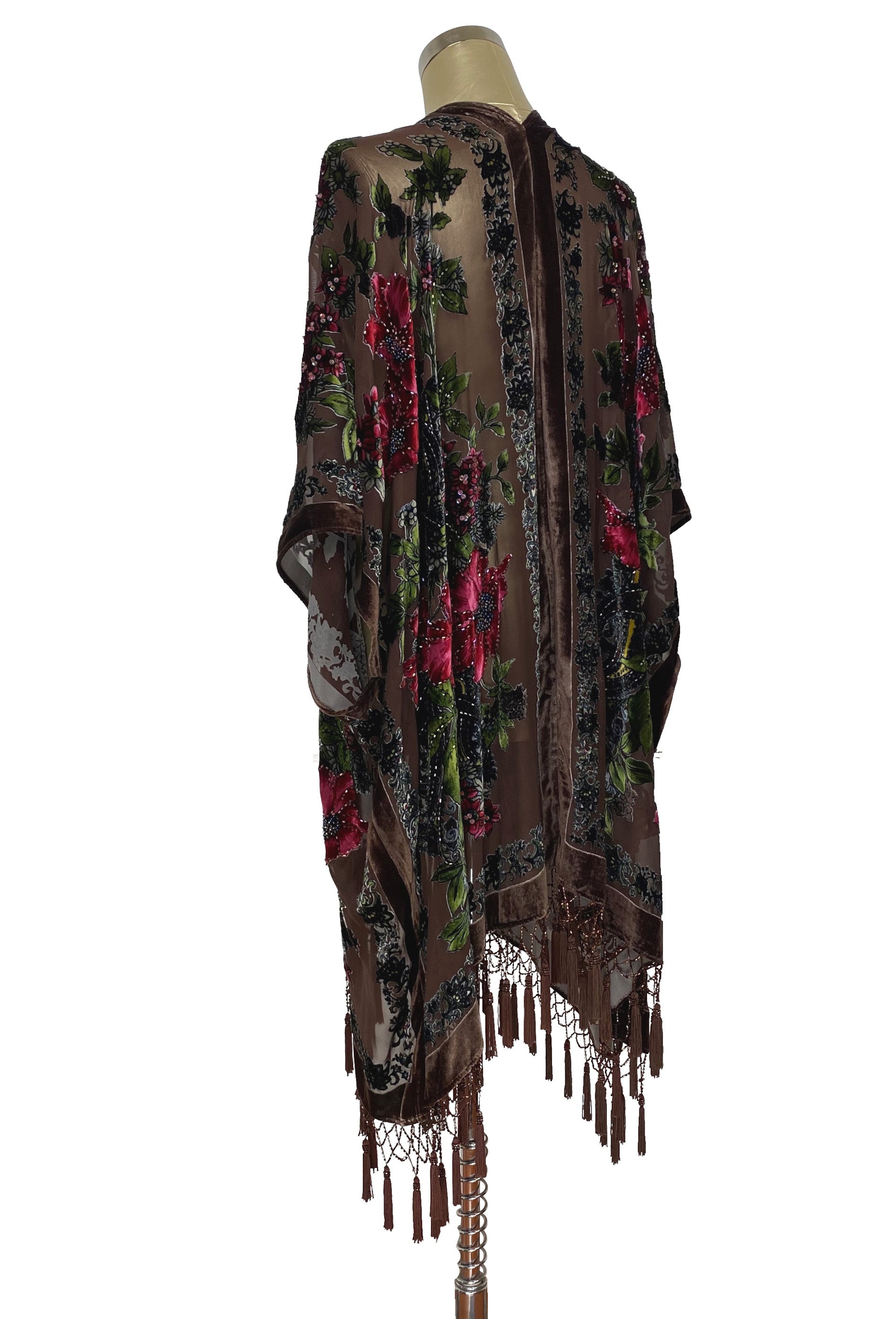 The Victorian Tropical Floral Silk Velvet Beaded Evening Wrap - Mocha Brown