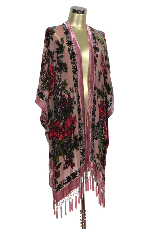 The Victorian Tropical Floral Silk Velvet Beaded Evening Wrap - Rose Pink