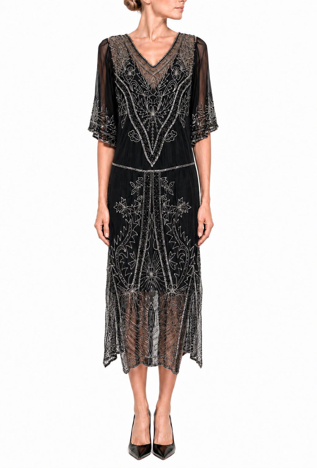 Embroidered navy midi dress with V-neck and short sleeves, sheer hem, slim waist belt