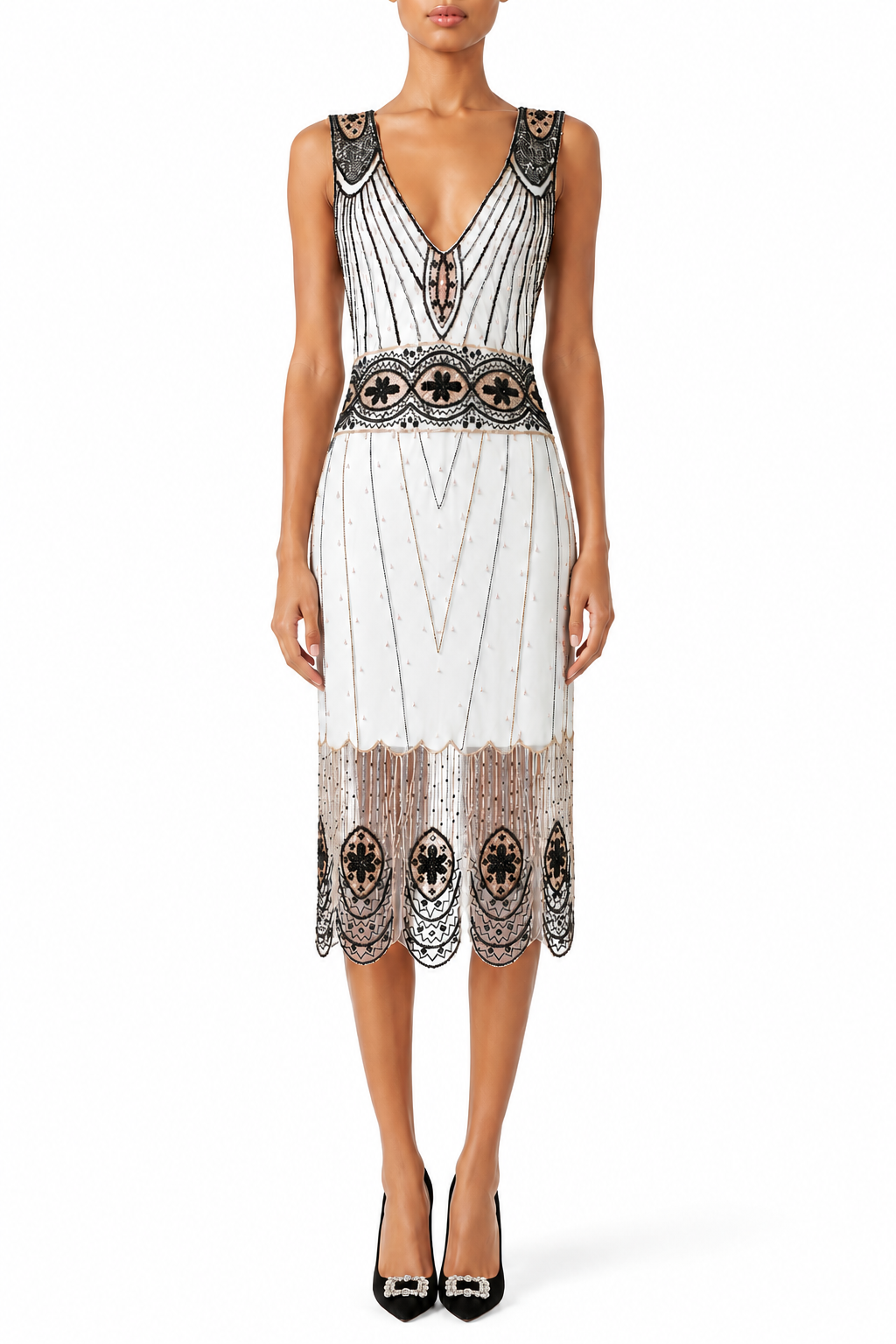 Pearl-and-jet sleeveless V-neck beaded midi gown on model with geometric hem and trim