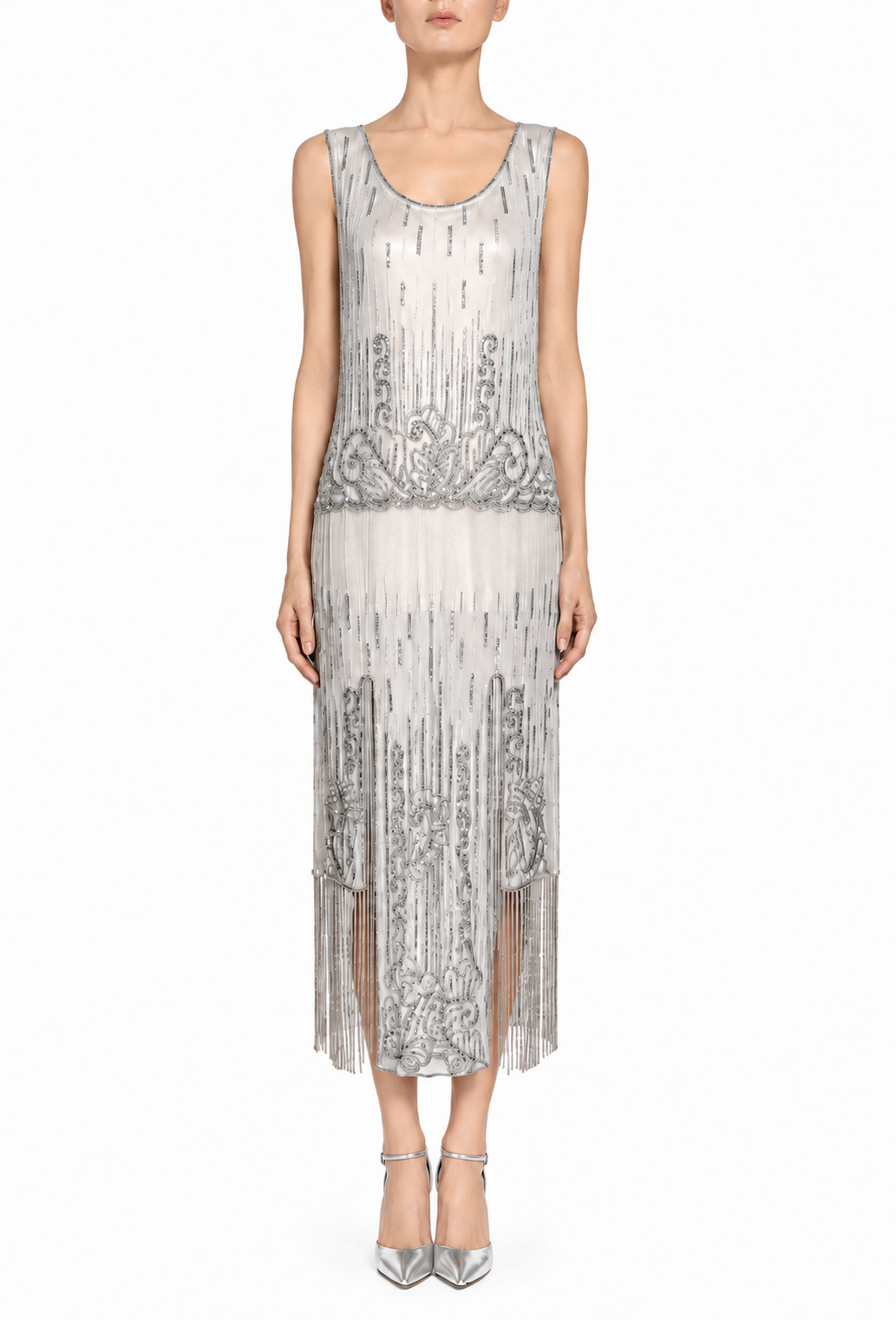 Silver sleeveless sequin fringe midi overlay dress with scalloped hem detail