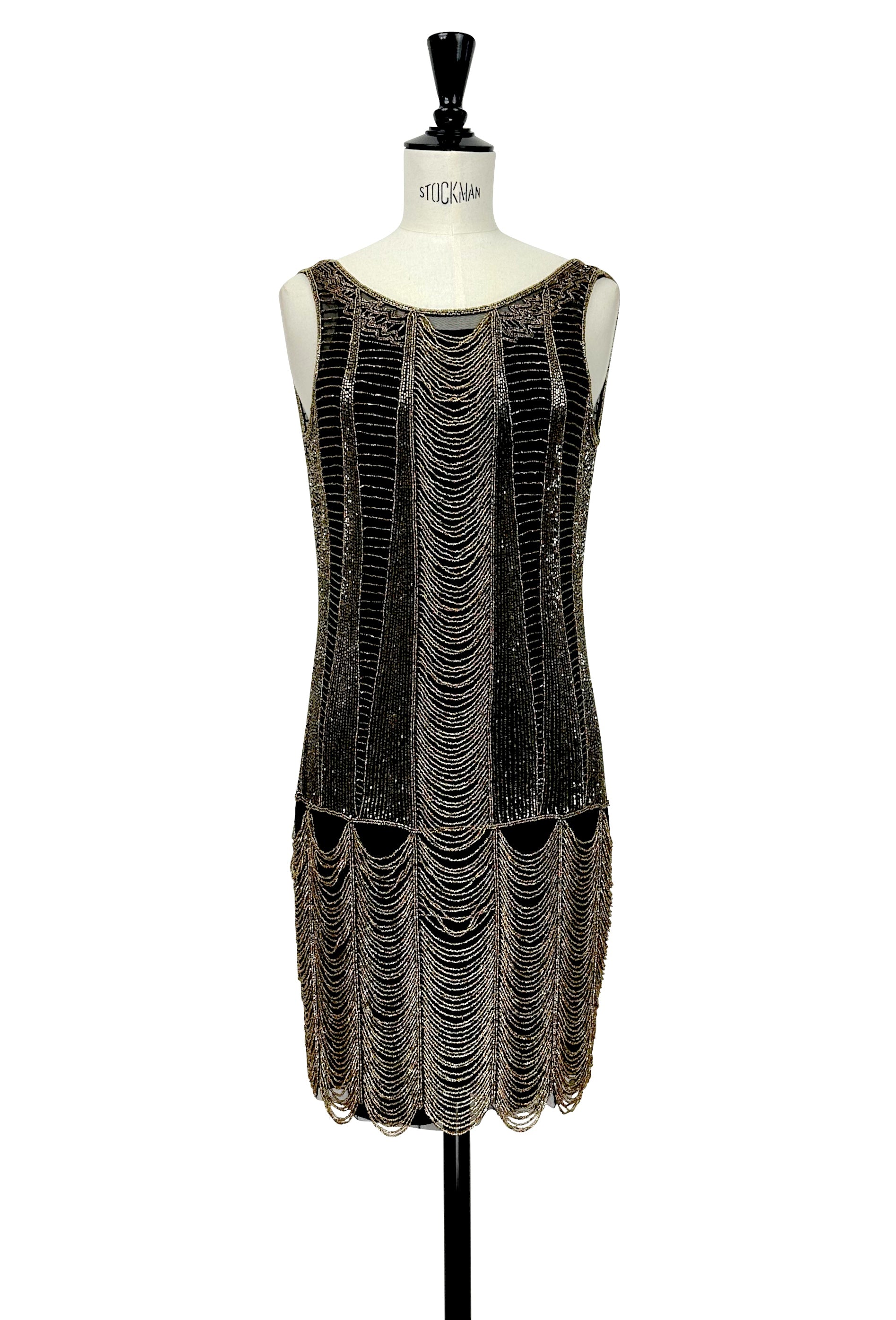 Gold-and-black sleeveless beaded shift dress with draped chain fringe