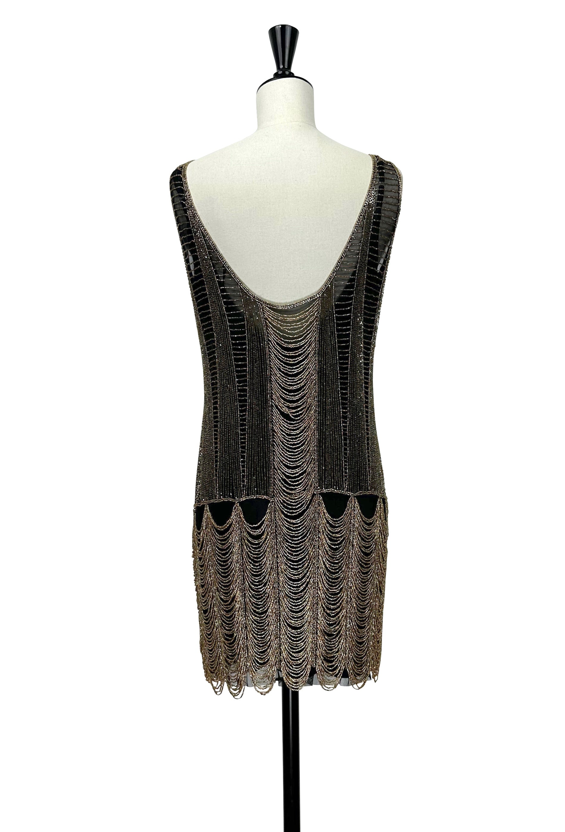 Gold and black sleeveless beaded mini dress with open back and fringe