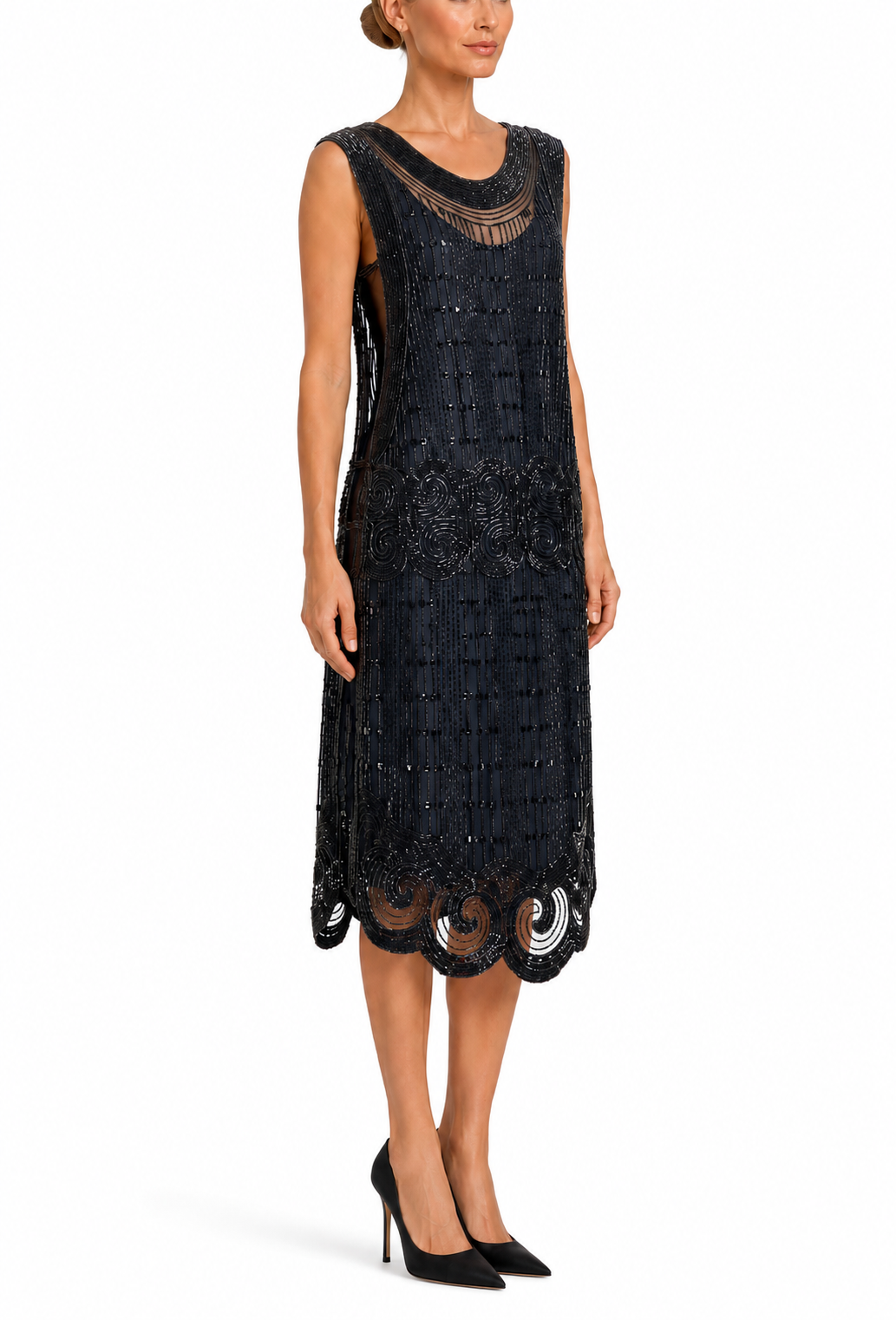 Sleeveless dark navy beaded midi dress with draped neckline and scalloped hem, worn with heels