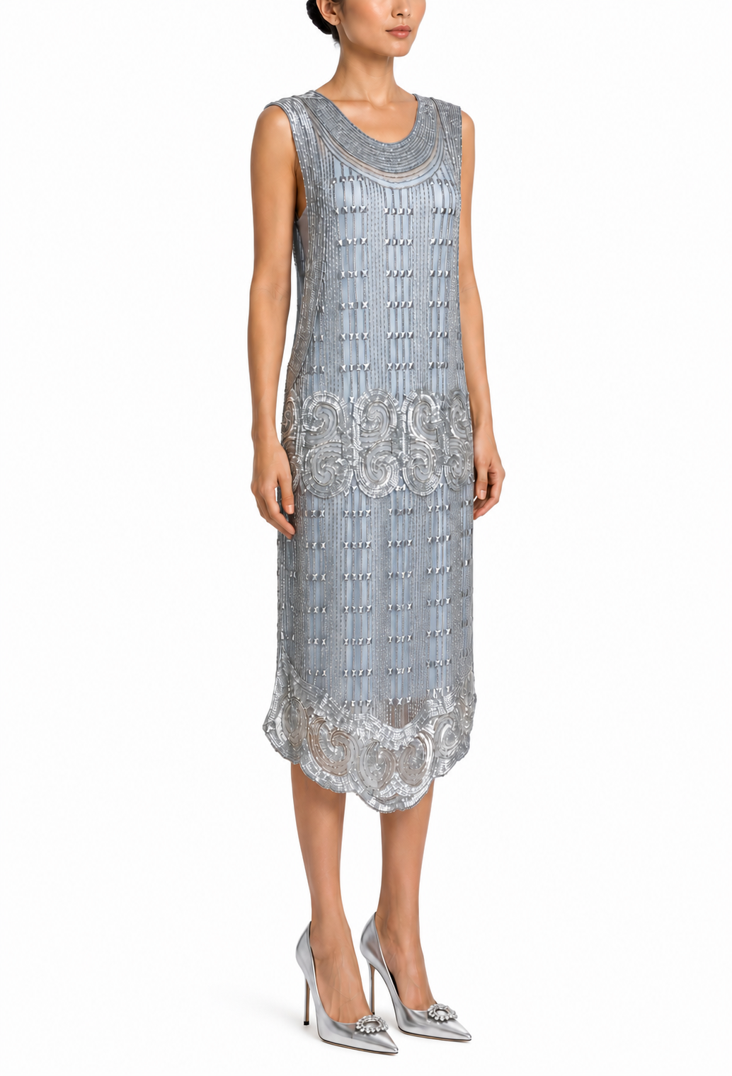 Sleeveless beaded overlay dress, light blue-gray, rounded neckline, scalloped lace hem