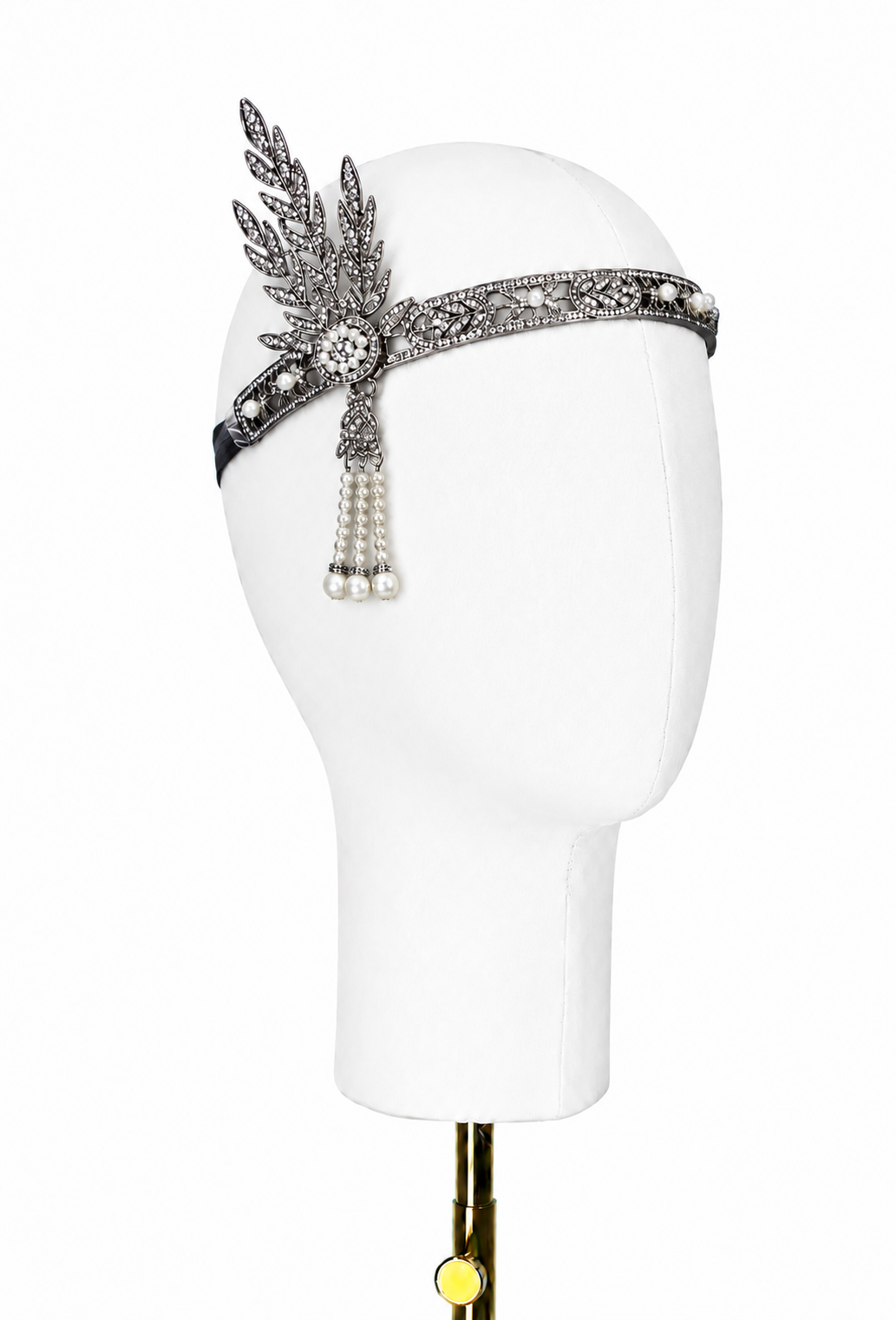 Art Deco tiara headband with rhinestone daisy motif and dangling bead tassels