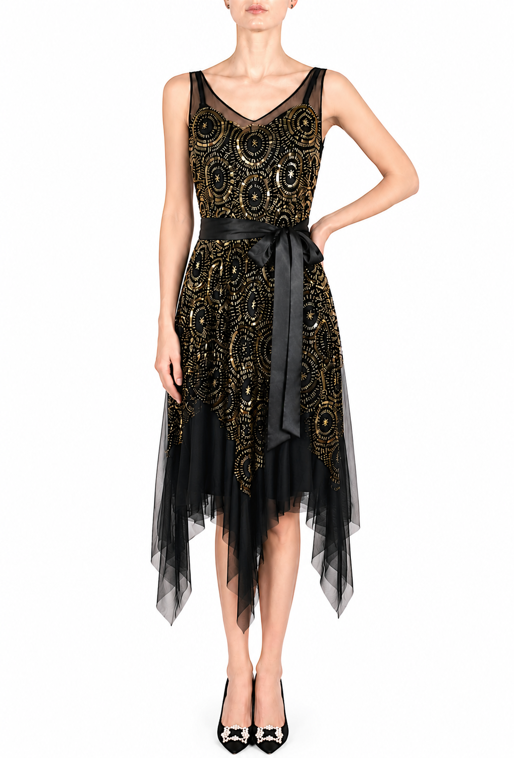 Black and gold deco-dot midi gown on model, spaghetti straps, V-neck, bow waist, tulle hem