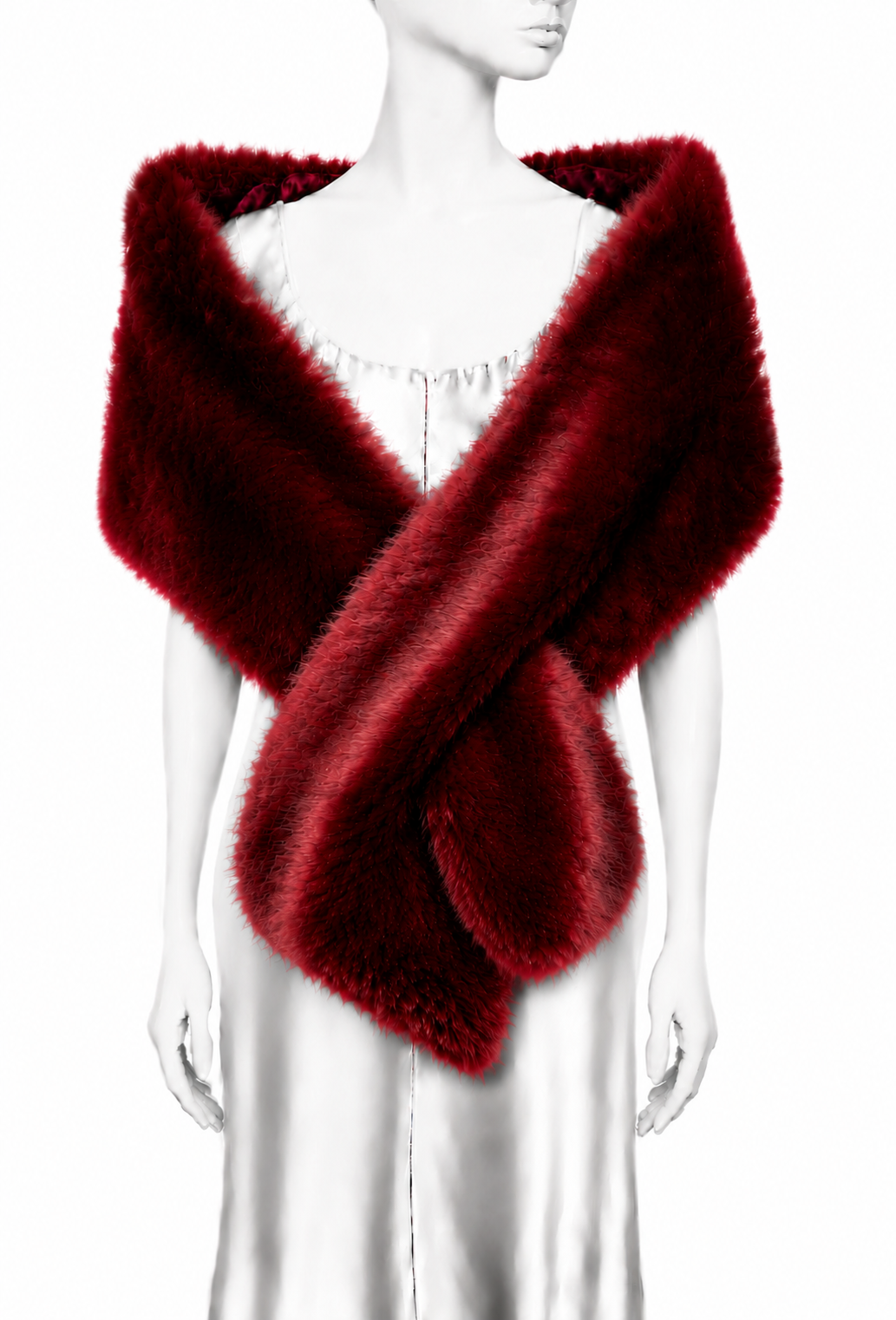 Garnet red faux fur wrap stole with crossed drape and wide neckline on mannequin