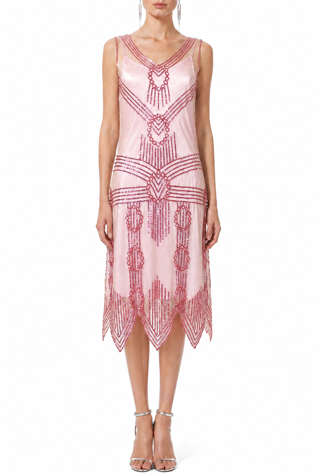 Model wearing a sleeveless pink midi dress with V-neck beaded embroidery and fringe hem