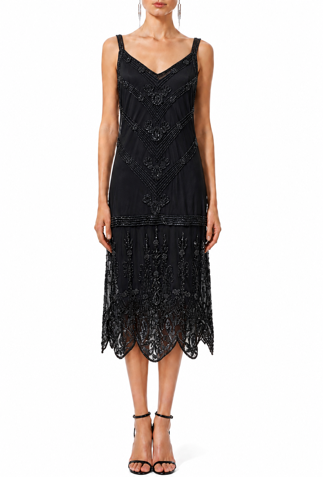 Jet black sleeveless V-neck midi dress with embroidered lace yoke and scalloped hem