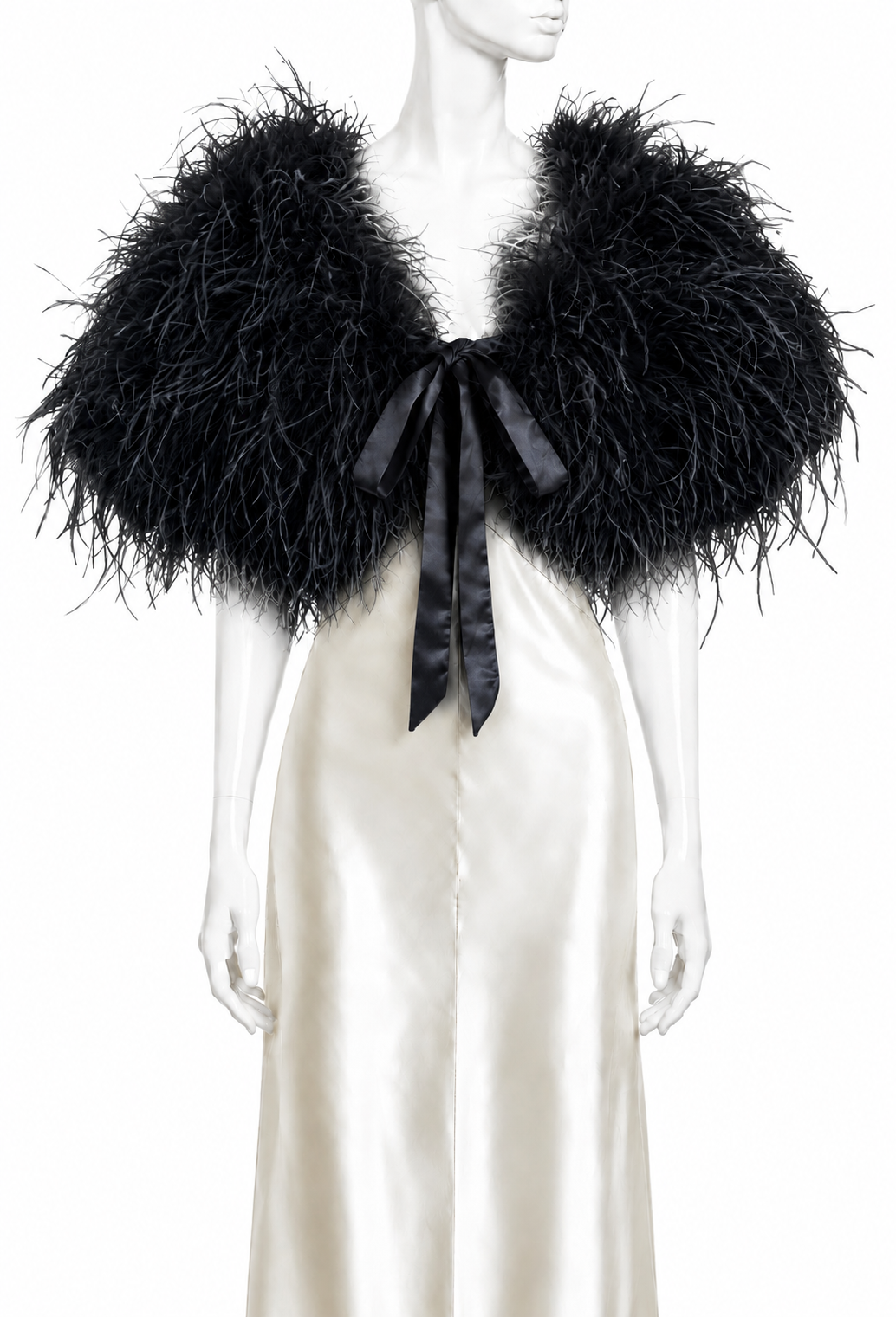 Black feather-plume mantle shrug with short sleeves and satin center tie