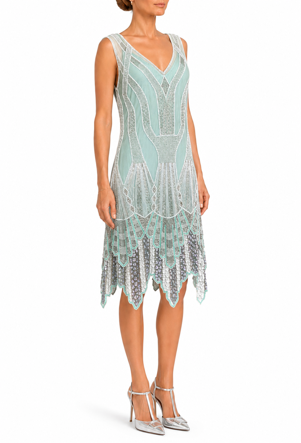 Mint green sleeveless beaded mini dress with V-neck, scalloped trim, and fringe