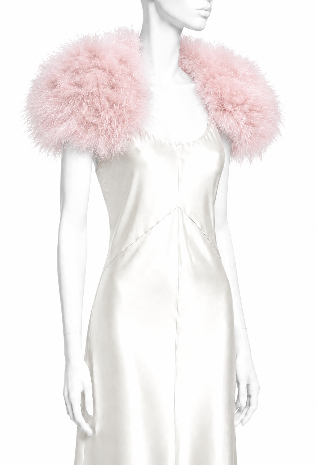 Vintage pink feather shoulderette with fluffy fringe draped over shoulders