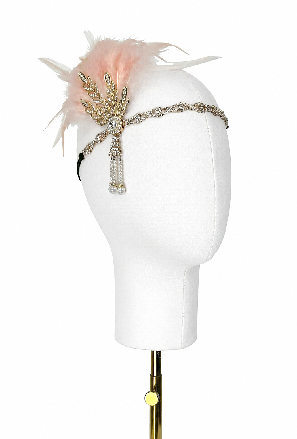 Blush feather headband with gold-tone jeweled chain and drape detail
