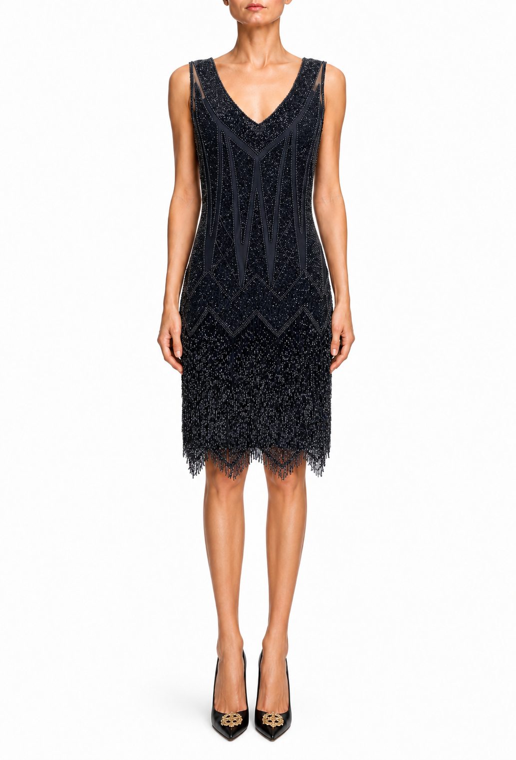 Noir sleeveless V-neck dress with textured pattern and fringed hem