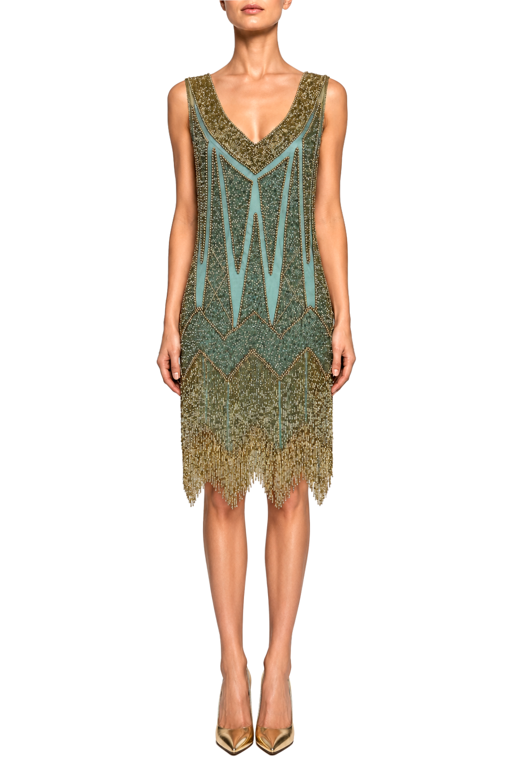 Turquoise and gold beaded fringe dress with V-neck and sleeveless design