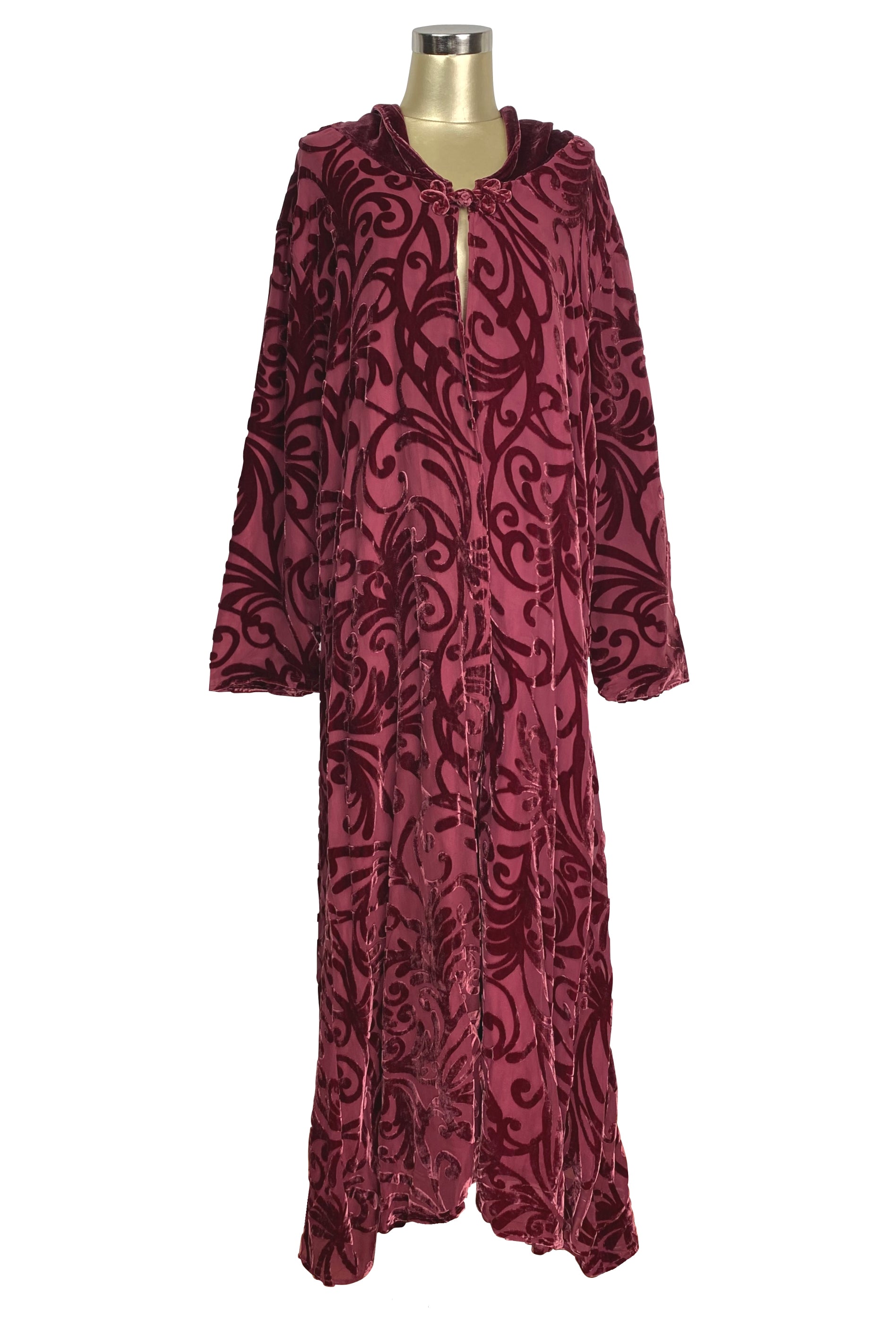 Vintage Art Nouveau Silk Velvet Burnout Hooded Evening Cape - Antique Red