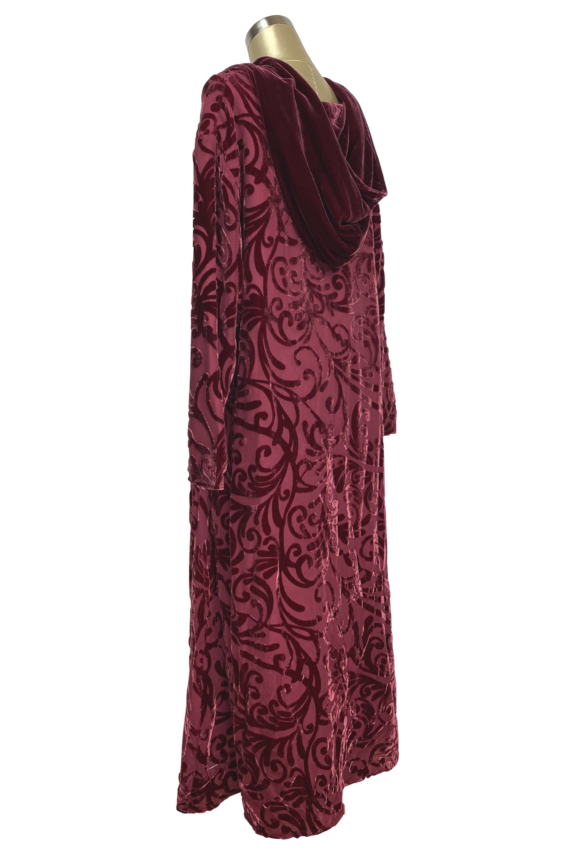 Vintage Art Nouveau Silk Velvet Burnout Hooded Evening Cape - Antique Red