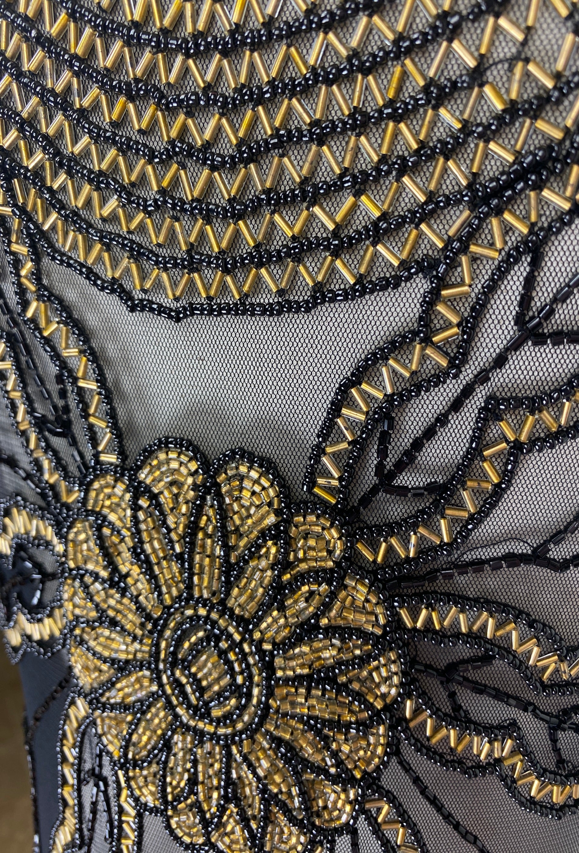 Vintage Gatsby 20s Beaded Mesh Fringe Party Dress - The Lindy - Black Amber The Deco Haus